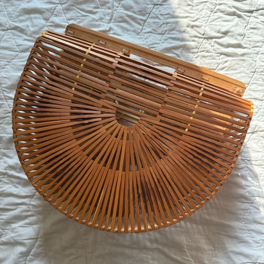 Vintage Boho Half Moon Bamboo Wood Woven Hippie Core Clutch Handbag - Picture 3 of 7
